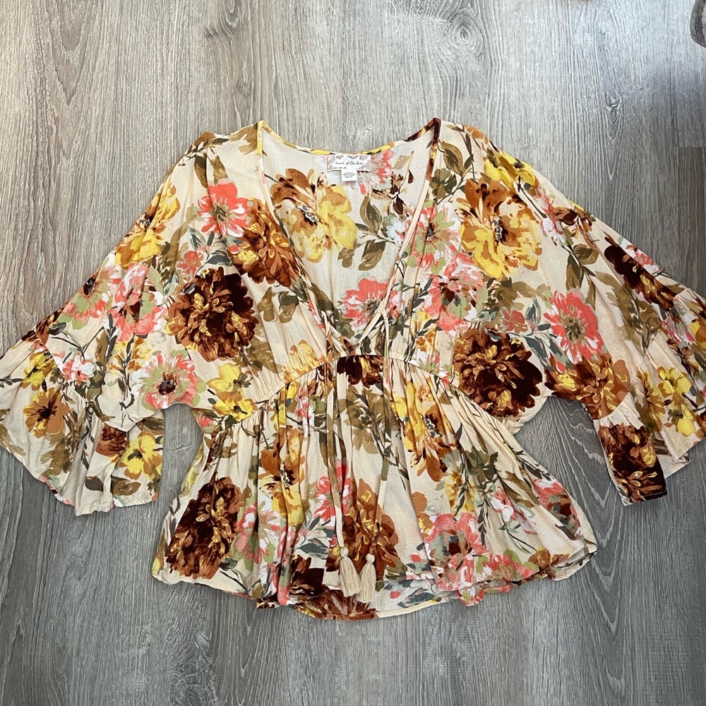 Floral V-Neck Peplum Blouse - Yellow & Brown